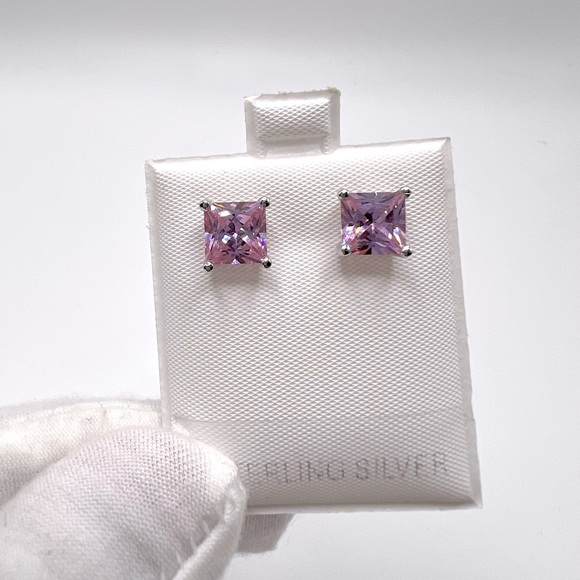 7mm Square Pink Cz .925 Sterling Silver Earrings - Picture 4 of 13